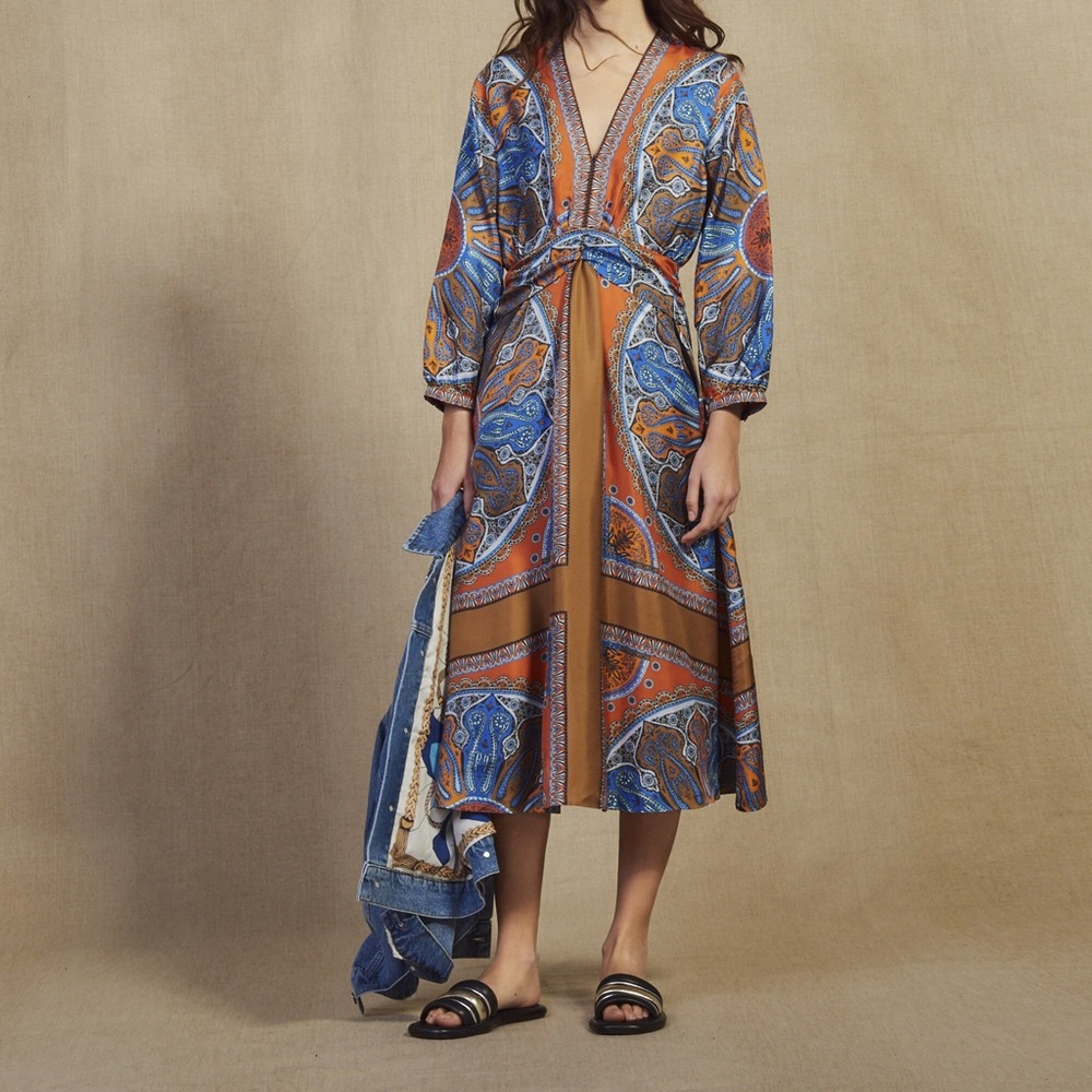Scarf Print Silk Midi Dress | Sandro Paris | Silk Maxi Paisley V-Neck